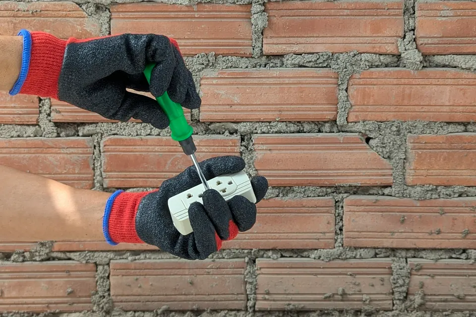 Handen met handschoenen schroeven aan een stopcontact